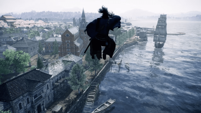 Rise of the Ronin screenshot of a character jumping off a building