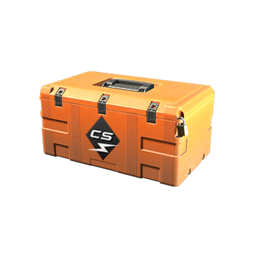 A square orange box buckled with locks with a black sticker on the front side saying CS in white stylized lettering denoting the Kilowatt case in Counter-Strike 2.