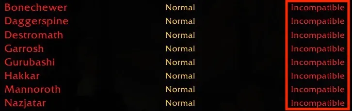 Servers are incompatible in WoW.