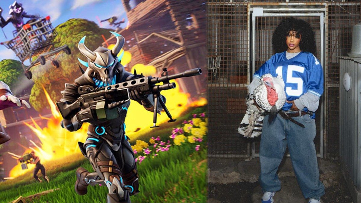 A Fortnite player running holding a gun, beside SZA, wearing a blue football jersey with the number 15 on it, holding a turkey.