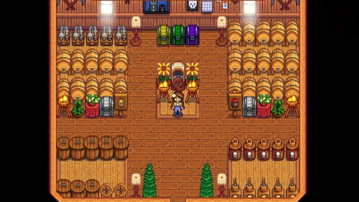 A room with a bunch of Kegs in Stardew Valley.