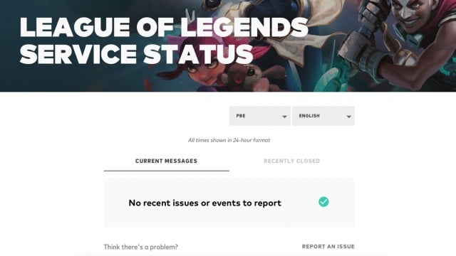 Screenshot of the LoL pbe server status page with current reports