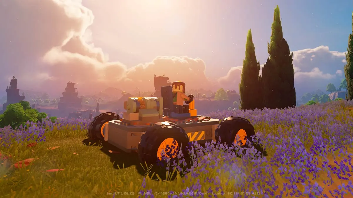 A makeshift vehicle in the sunlight in LEGO Fortnite.