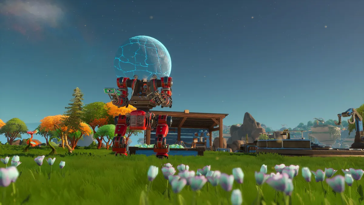 A Mech standing in front of a farm in Lightyear Frontier.