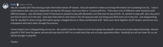 A statement from Team Liquid manager Dodo on the team's Discord.