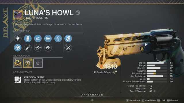 The Luna's Howl hand cannon from Destiny 2.