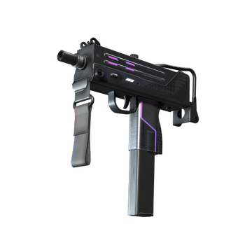 A MAC-10 weapon painted in matte grey and purple in CS2. 