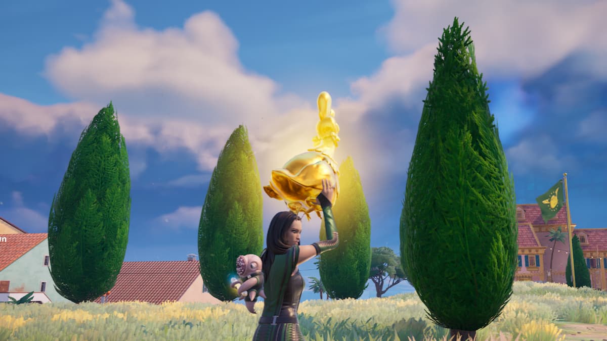 Mantis holding a Golden Chicken in Fortnite.