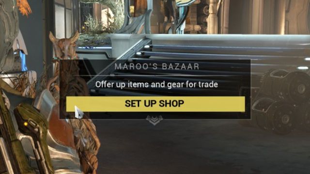 A screenshot of the Warframe player setting up shop at Maroo's Bazar.