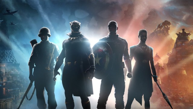 A screengrab from Skydance's new game trailer featuring captain america and black panther. Text reads "Four Heroes. Two Worlds. One War"