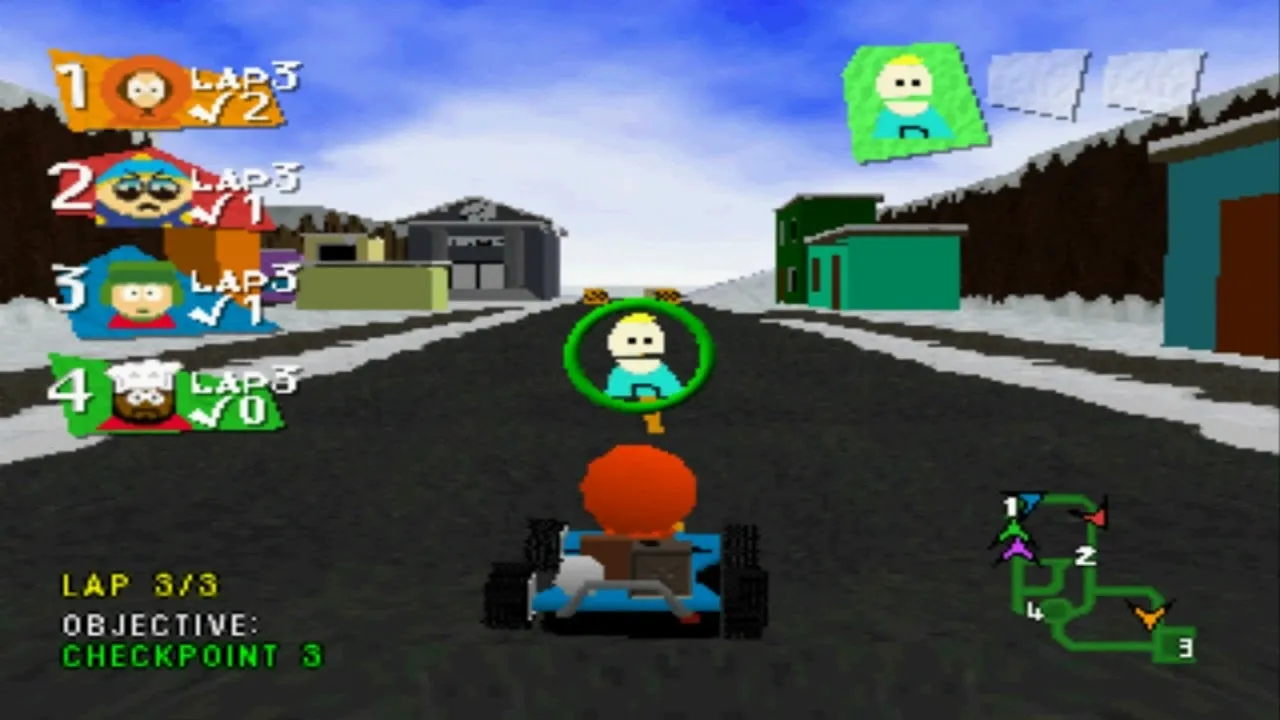 An in game image of Kenny racing in South Park Rally