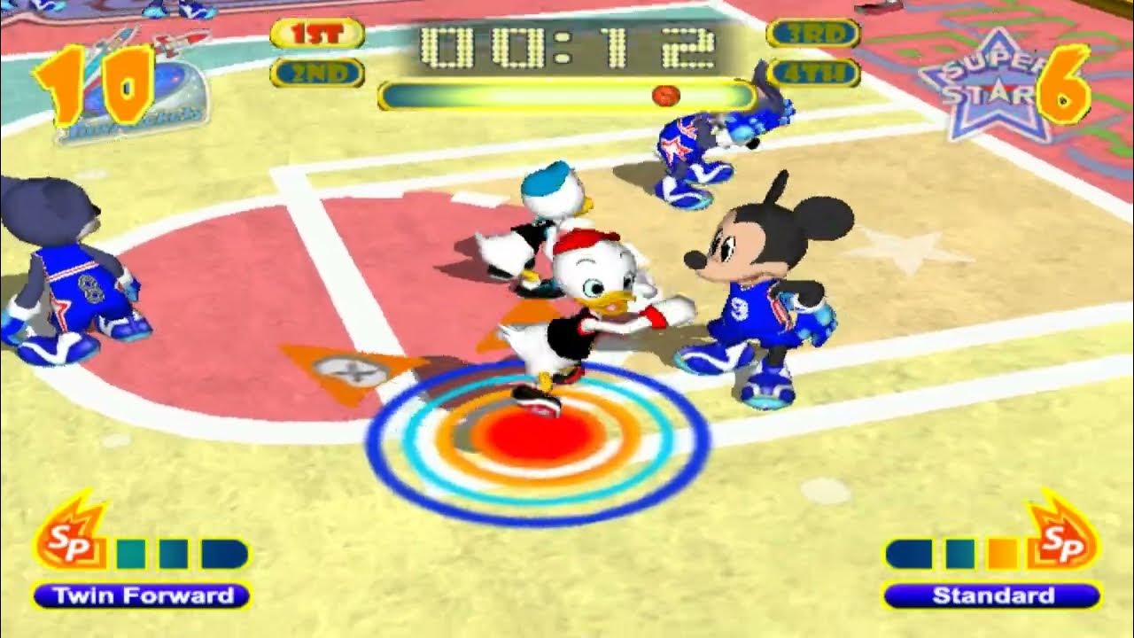 An in game image of Disney characters playing basketball from Disney Sports Basketball