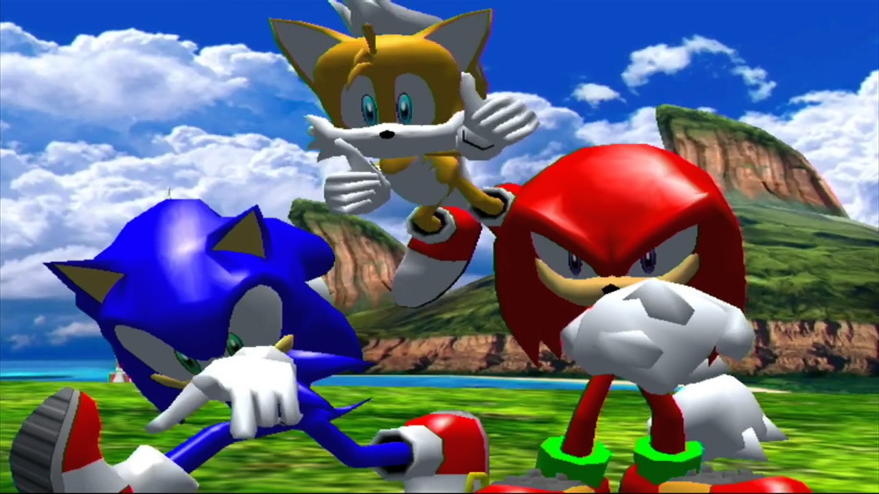 An in game image of Sonic, Tails and Knuckles from Sonic Heroes