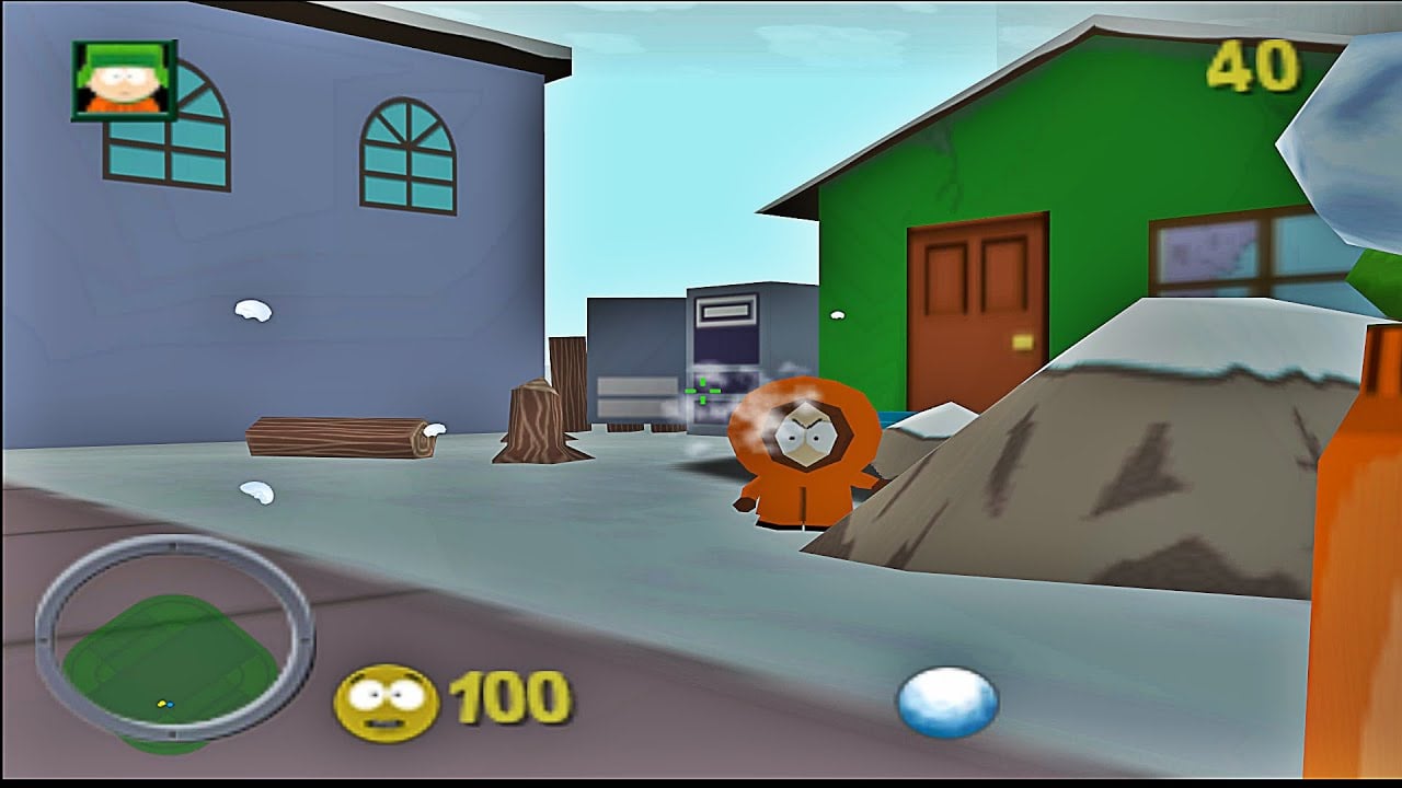 An in game screenshot of Kyle throwing snowballs at Kenny in South Park