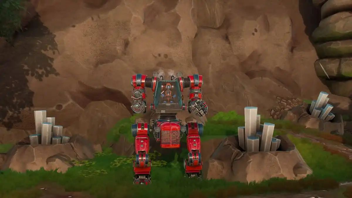 A Mech standing by some Aluminum Rods in Lightyear Frontier.