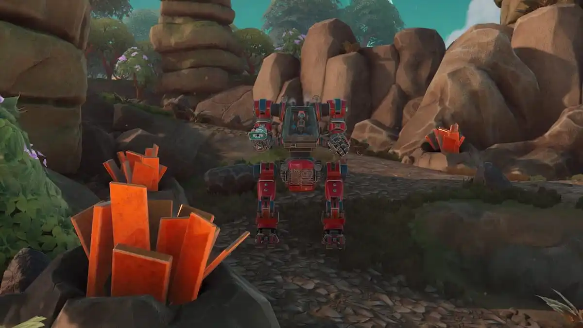 A Mech standing by some Copper Ore spots you can mine for Copper Wire in Lightyear Frontier.
