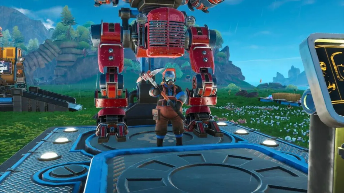 character and mech on platform in lightyear frontier