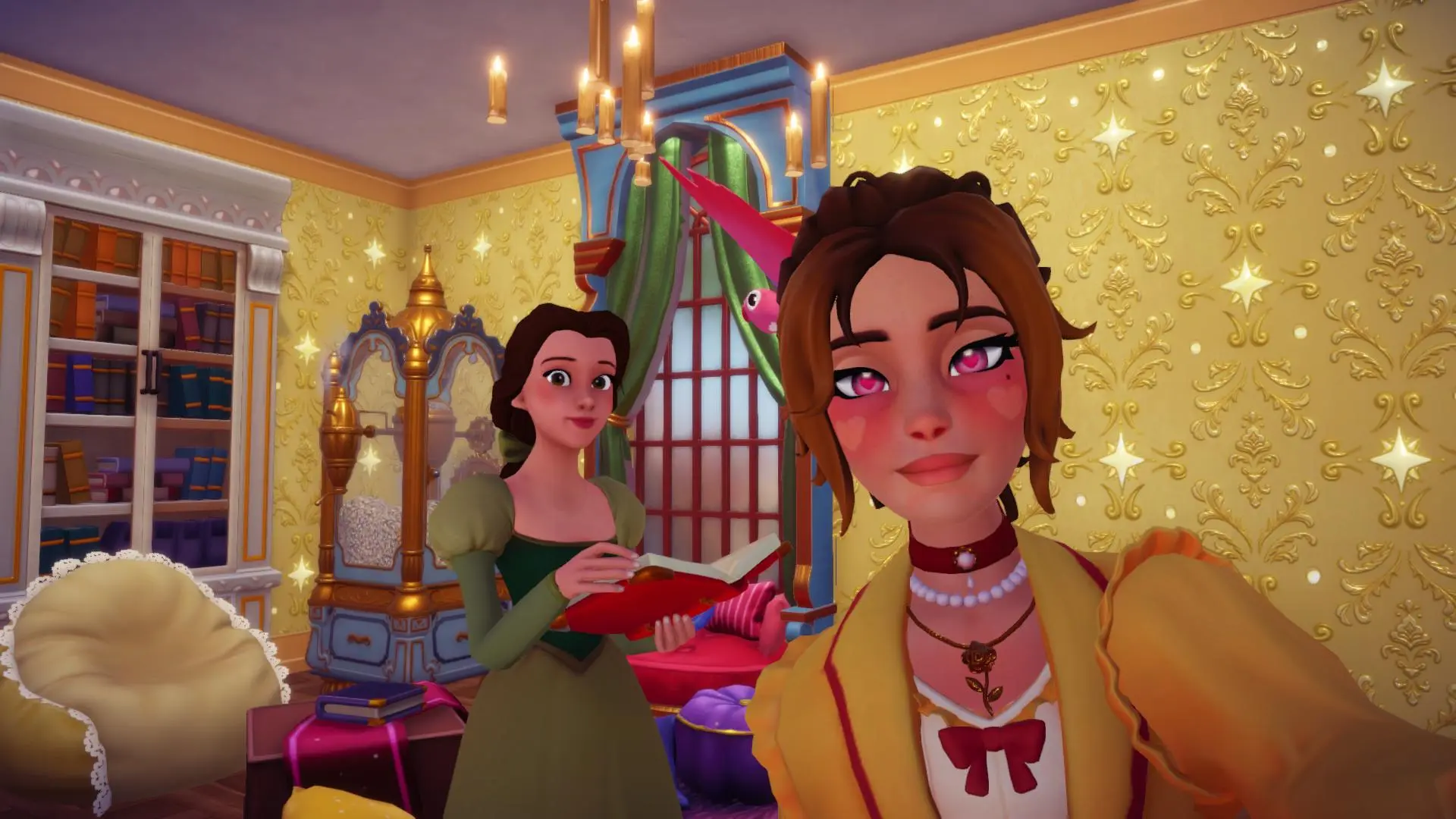The player wearing the Messy Bun hair and taking a picture with Belle and some other Starlight House items.