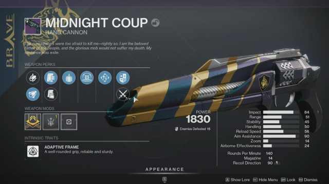 The Midnight Coup hand cannon from Destiny 2.