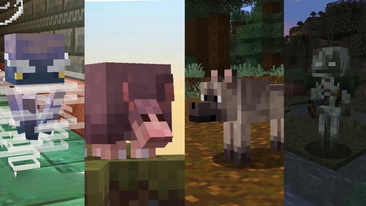A Breeze, Armadillo, Wolf, and Bogged in Minecraft.
