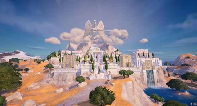 Mount Olympus in Fortnite, a large white building with a stature overlooking it.