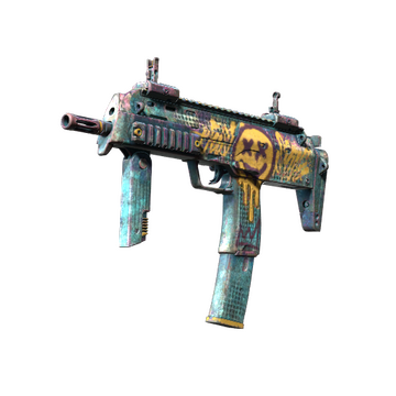 The MP7 weapon from CS2 painted light blue and given a large yellow smiley face on the side which has two Xs for eyes. 