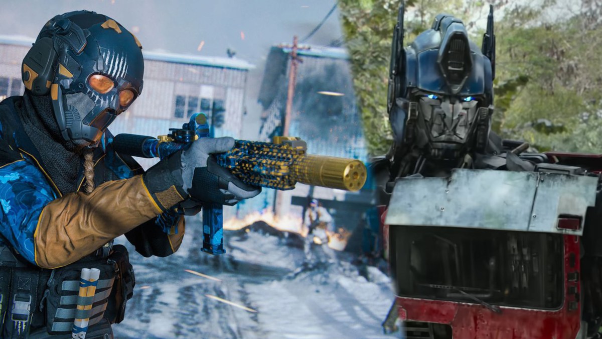 A CoD player aiming down sights, wearing blue gear, and Optimus Prime, a red and blue Transformer robot.