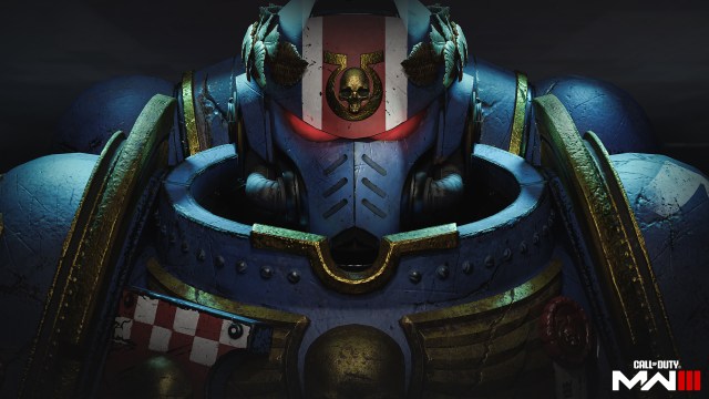 A Warhammer 40K player in a blue armor suit with red eyes.