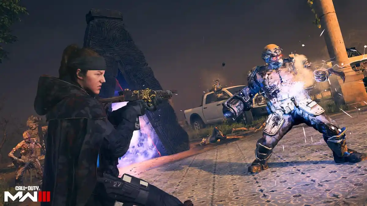 An Operator firing on a special zombie in MW3 Zombies.