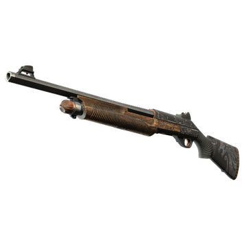 A simple pump shotgun in Counter-Strike 2 with wooden coloring and a metallic finish. 