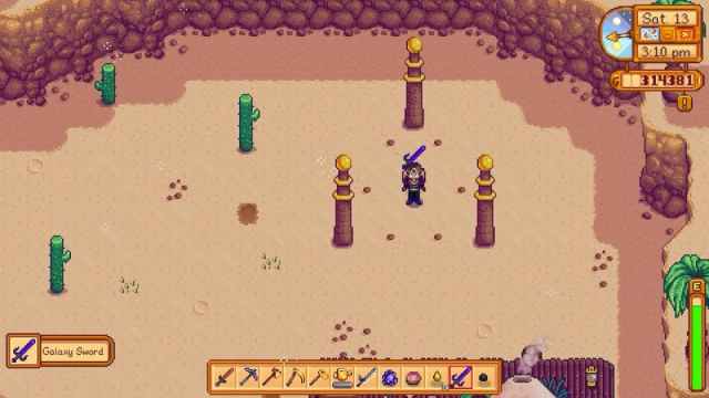 The player obtaining the Galaxy Sword in Stardew Valley.