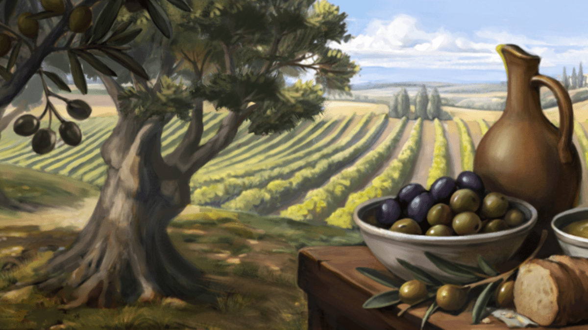 Olive oil, trees, and a field of crops in Project Caesar.