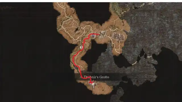 The map of DD2 showing the path from Bakbattahl to Drabnir's Grotto.