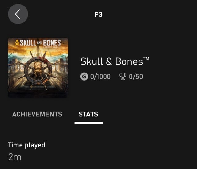 A screenshot of Phil Spencer's P3 Xbox account. showing he played two minutes of Skull and Bones.