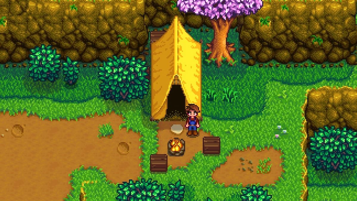 The player standing in front of a tent in Stardew Valley.