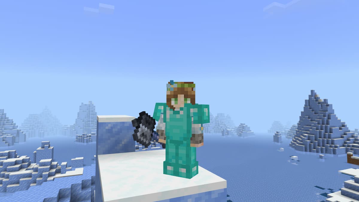 The player holding a Mace in an icy biome in Minecraft