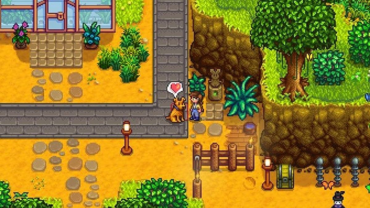 The player with their dog in Stardew Valley.
