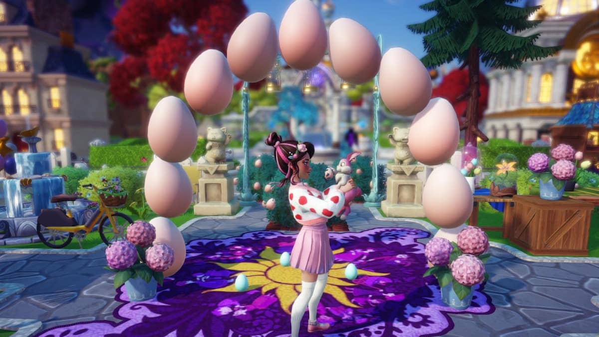 The player holding a Rabbit and standing surrounded by eggs in Disney Dreamlight Valley.