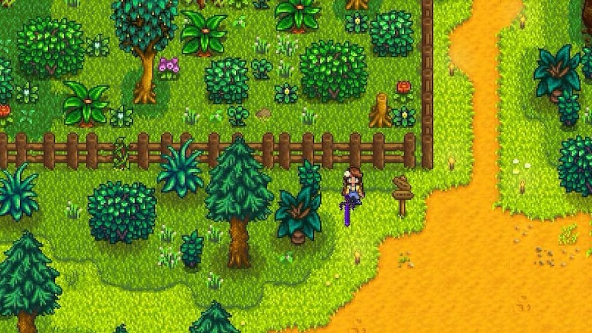 A player holding a sword and standing by a forest in Stardew Valley.