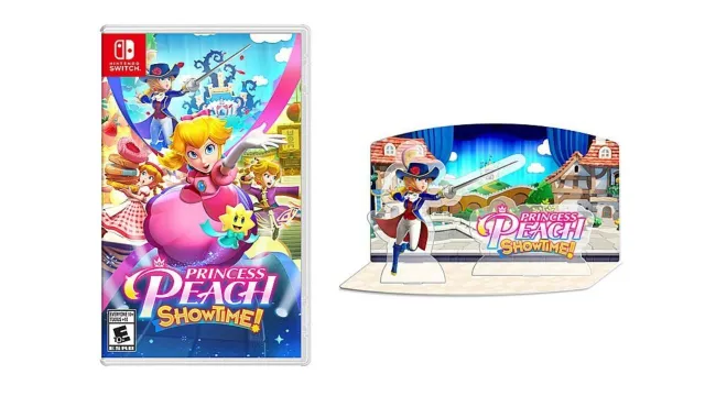an image of the princess peach showtime physical switch game and the acrylic preorder stand