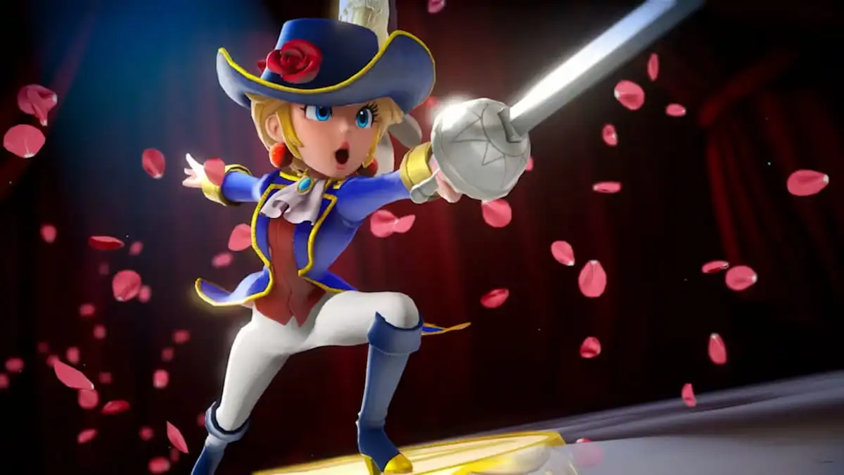 Swordfighter Peach in a attacking position.