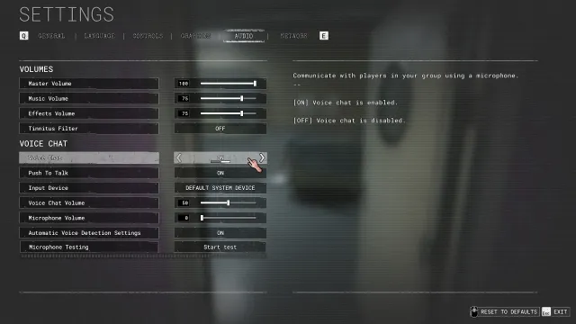 The audio settings in The Outlast Trials.