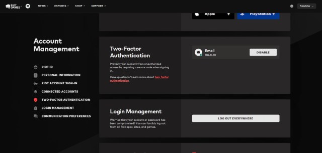 Two-Factor Authentication tab in Riot Games account management menu