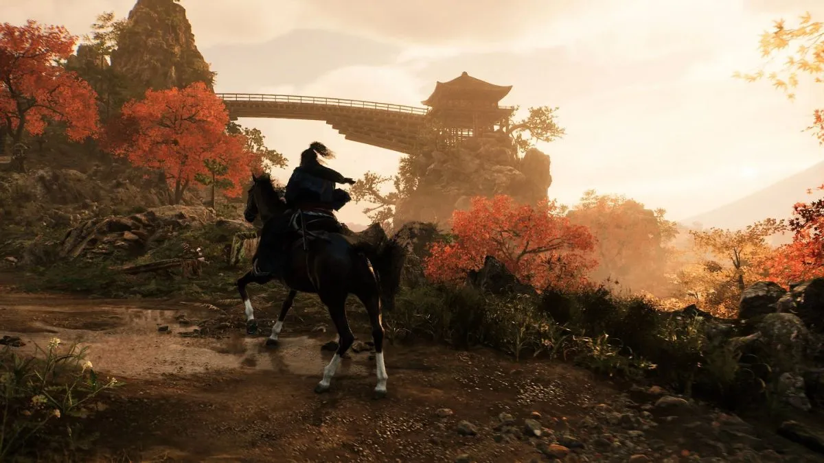 A character riding horse in Rise of the Ronin.