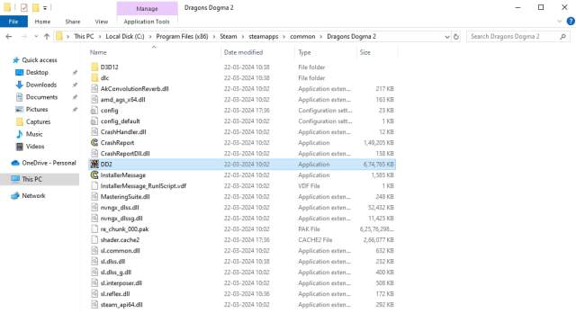 The Dragon's Dogma 2 installation folder, with the DD2 Application file highlighted.