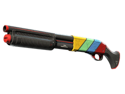 A sawed off shotgun in CS2 with a yellow, , green, blue, and red stripe painted on its side resembling the analog input cables of old televisions. 