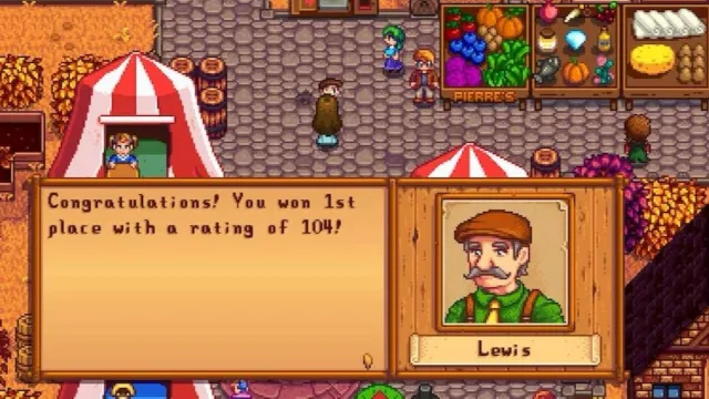 Winning with a score of 104 in Stardew Valley.