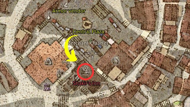 The DD2 map showing the location of Shakir's Inn with arrows.