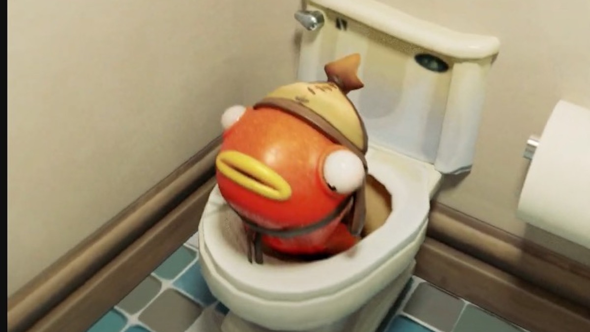 Fortnite's Fishstick sitting in a toilet.