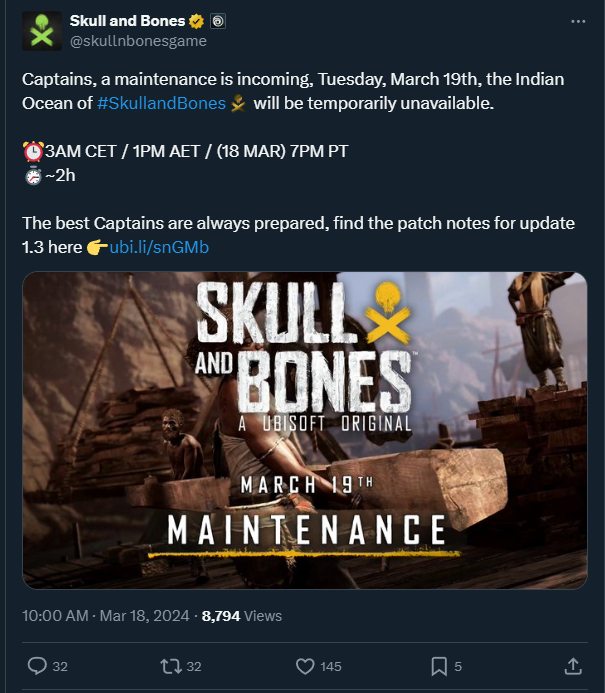 Skull and Bones maintenance announcement on X.